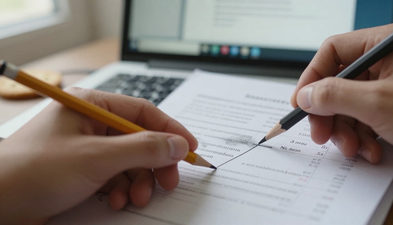Hand circling a line in a printed page of error logs next to a laptop
