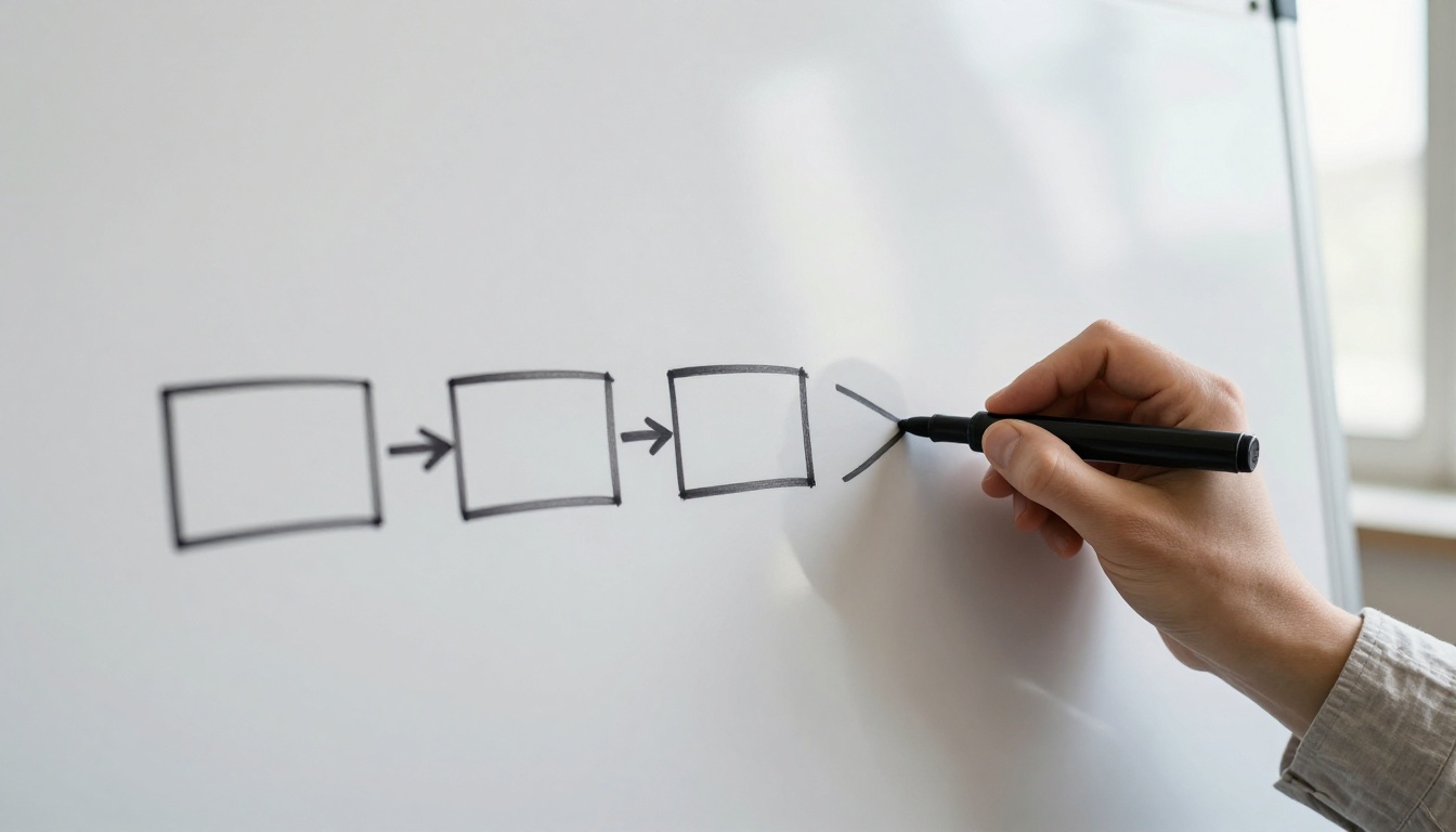 Hand drawing arrows between three boxes on a whiteboard to sketch an MCP server architecture