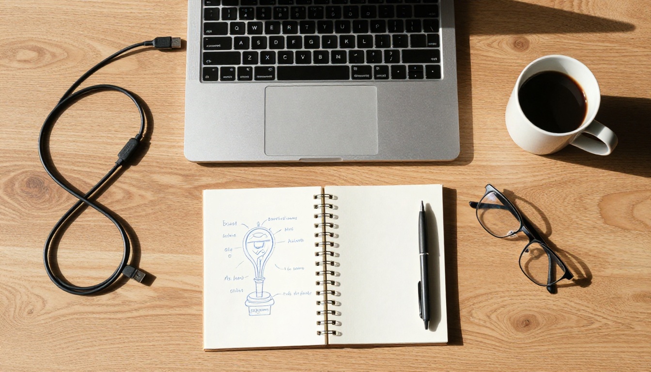 Overhead view of a desk with a laptop, a notebook diagram, coffee and a USB-C cable