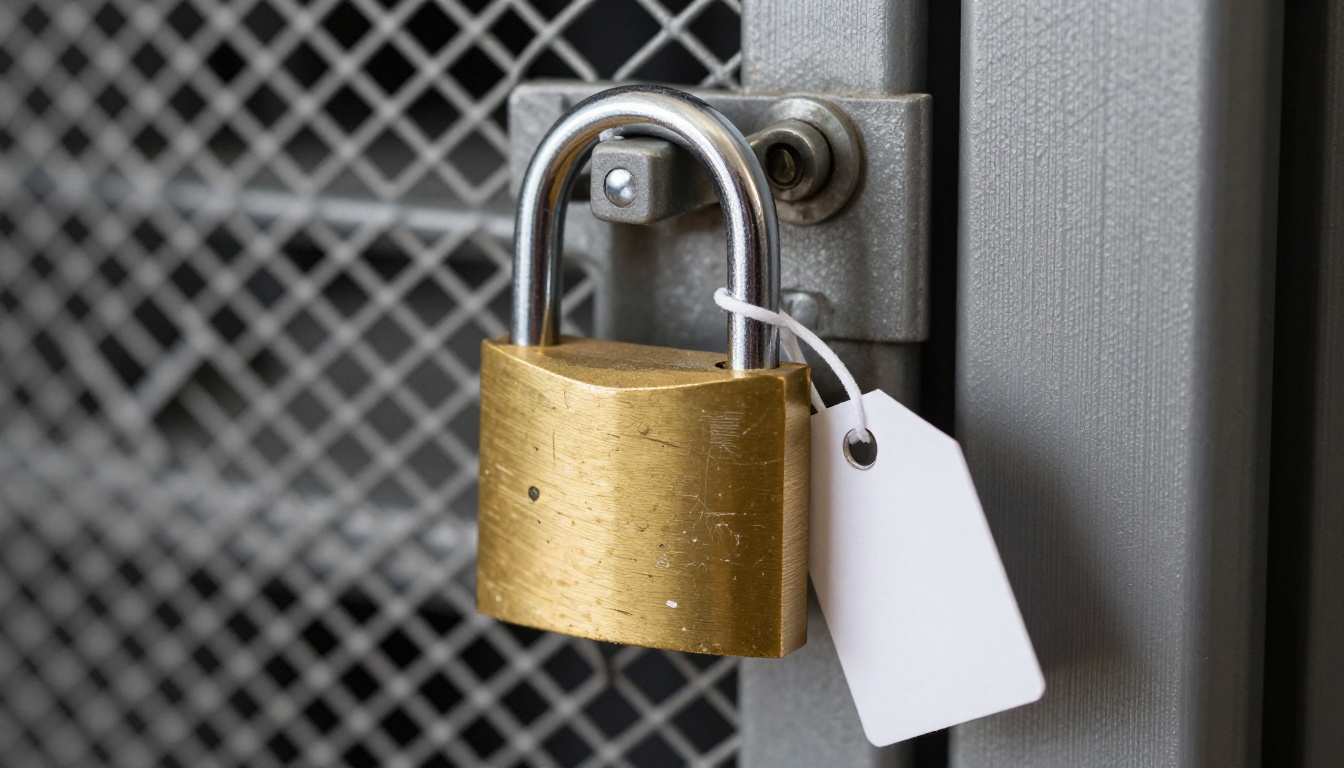 Brass padlock on a steel server cage door in close-up
