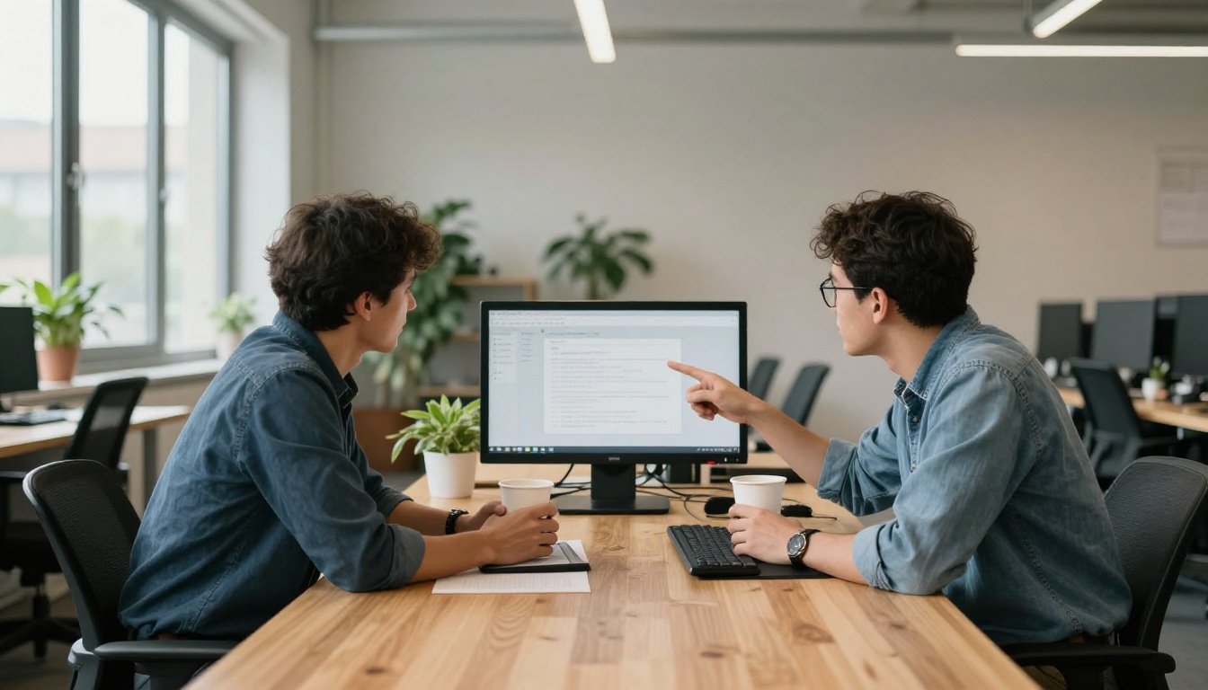 Two engineers pairing at a long table and pointing at the same monitor