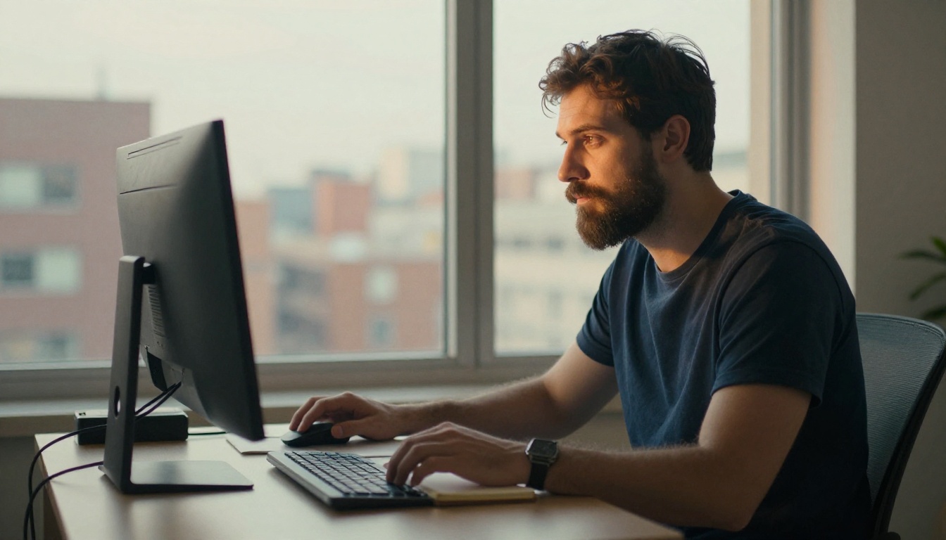 Bearded developer working at a standing desk beside a tall window on a Java project