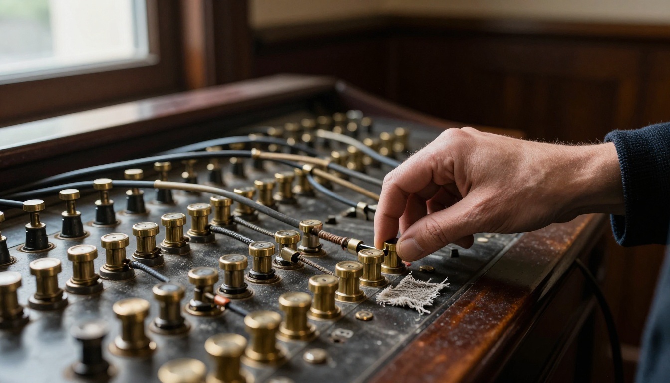 Operator connecting patch cords on a vintage telephone switchboard