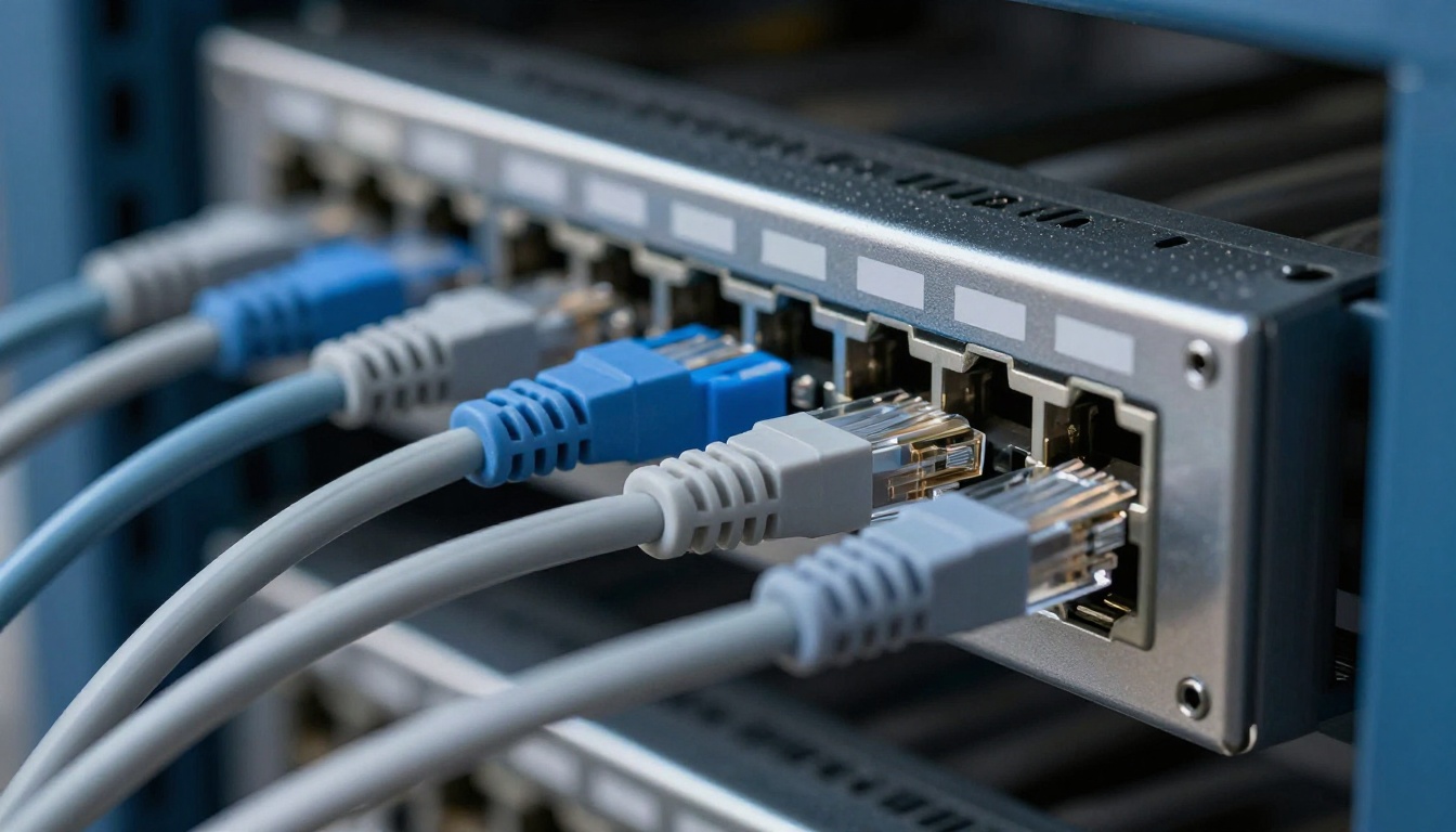 Ethernet patch cables plugged into a metal patch panel in an equipment rack