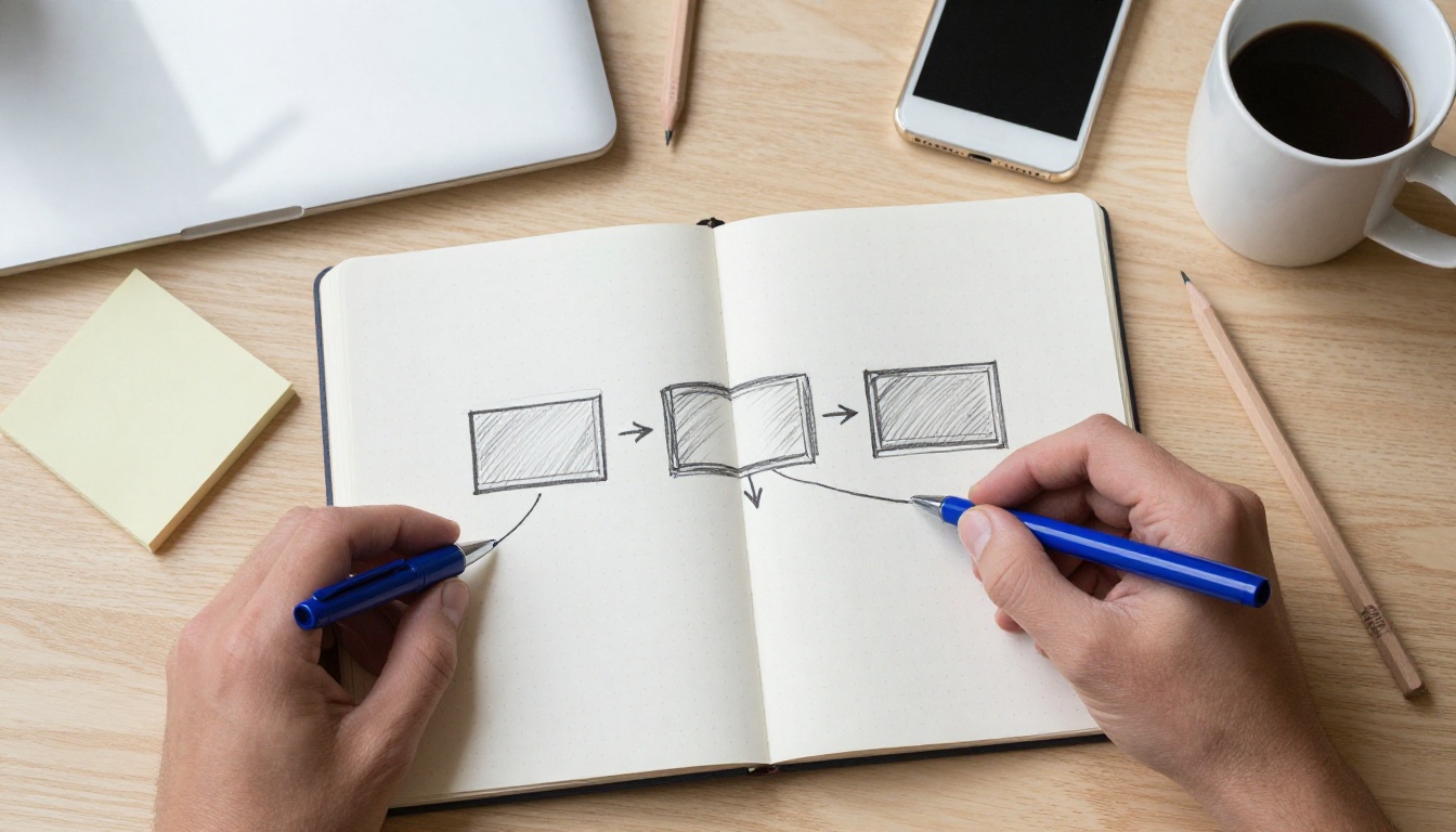 Open notebook with a pencil sketch of connected boxes beside a coffee mug