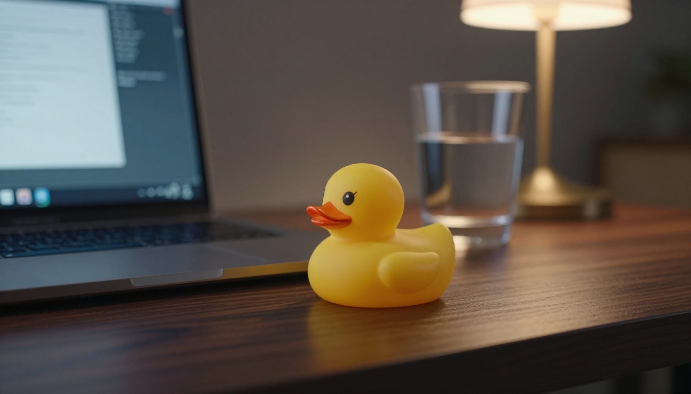 Rubber duck beside an open laptop on a walnut desk during a late debugging session