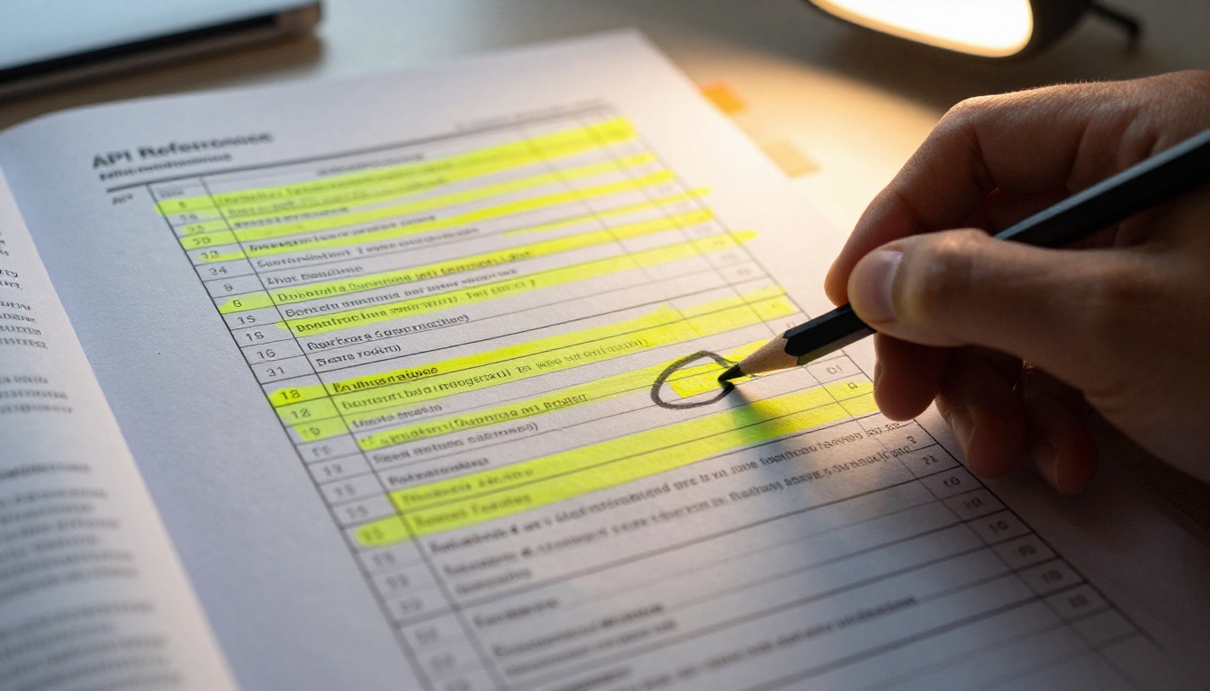 Highlighted printed API reference pages with a pencil circling one line