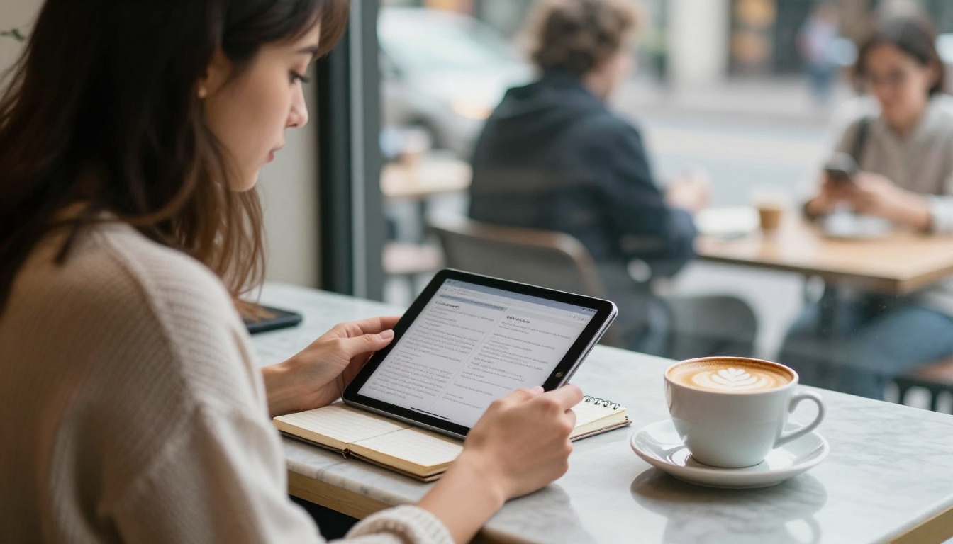 Woman reading on a tablet in a cafe window seat with a notebook and coffee
