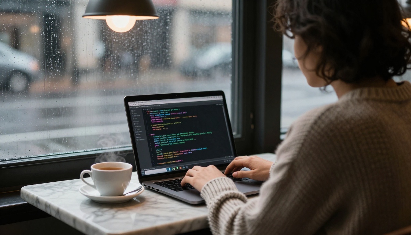 Developer typing code at a cafe table beside a rainy window