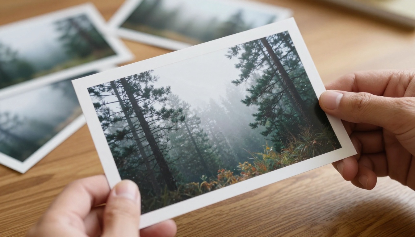 Hands holding a printed photograph of a misty pine forest in front of a studio window
