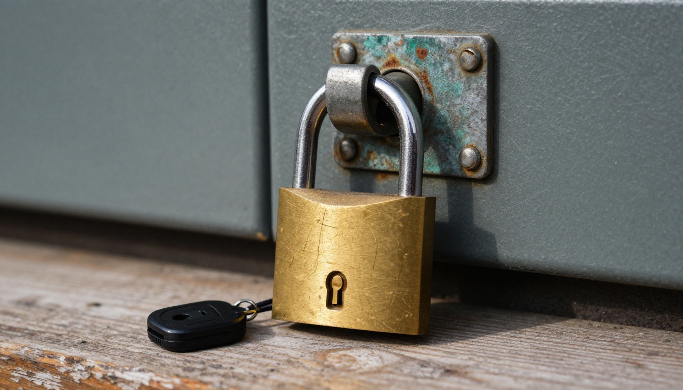 Brass padlock beside a hardware security token on a wooden ledge