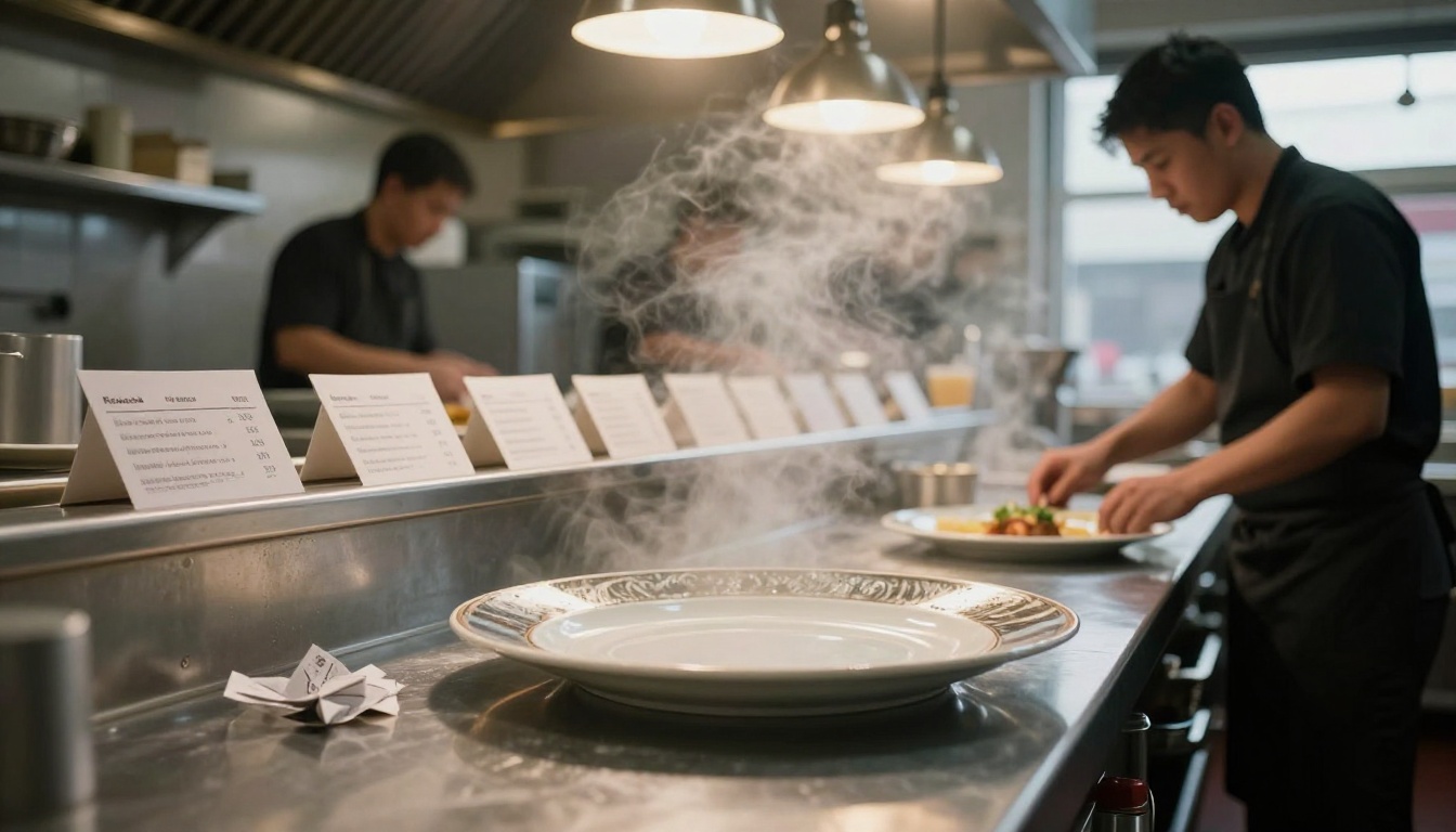 Chef sliding a plated dish onto a kitchen pass beside a rail of order tickets