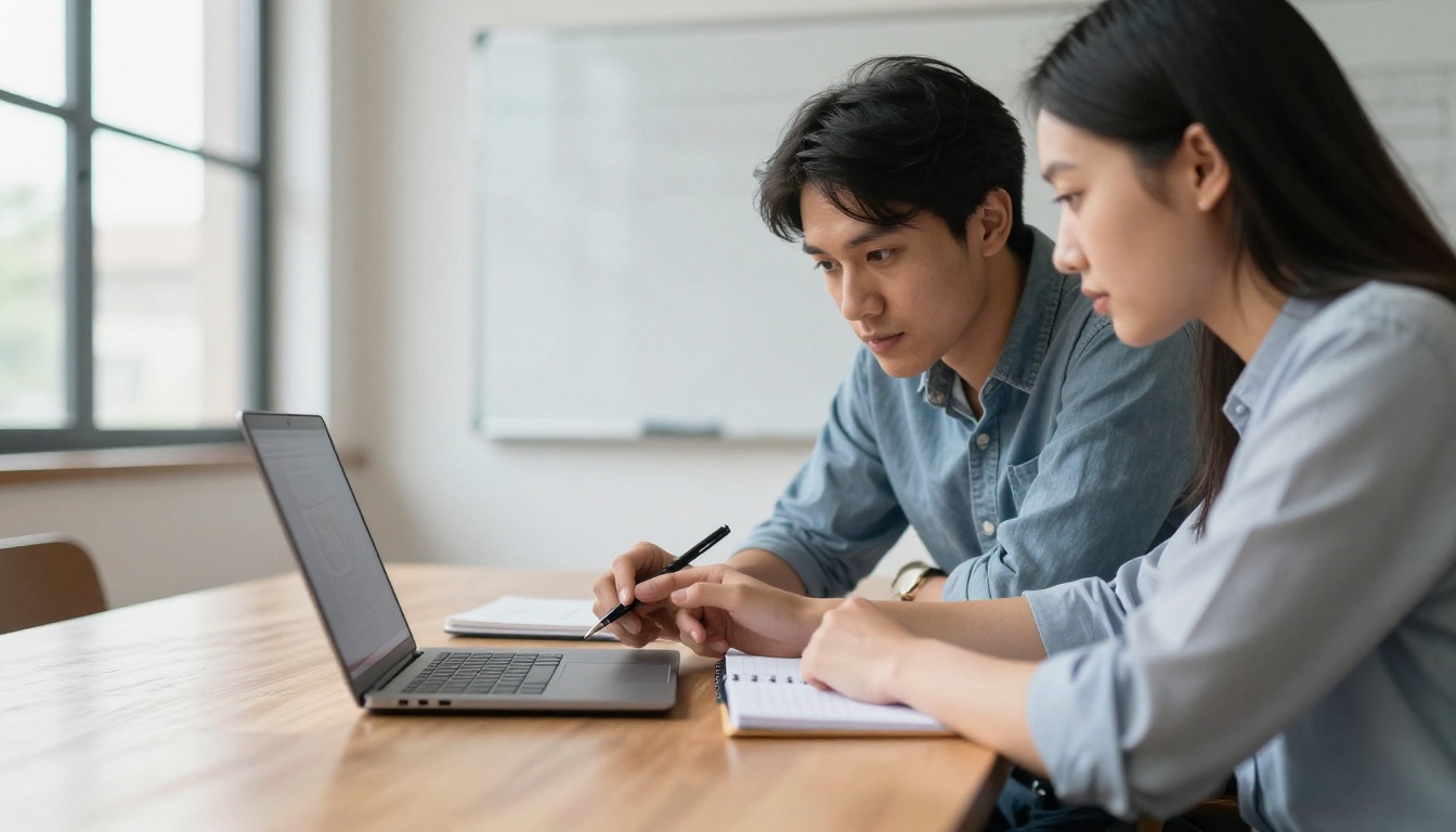 Two engineers reviewing a laptop screen at a wooden table