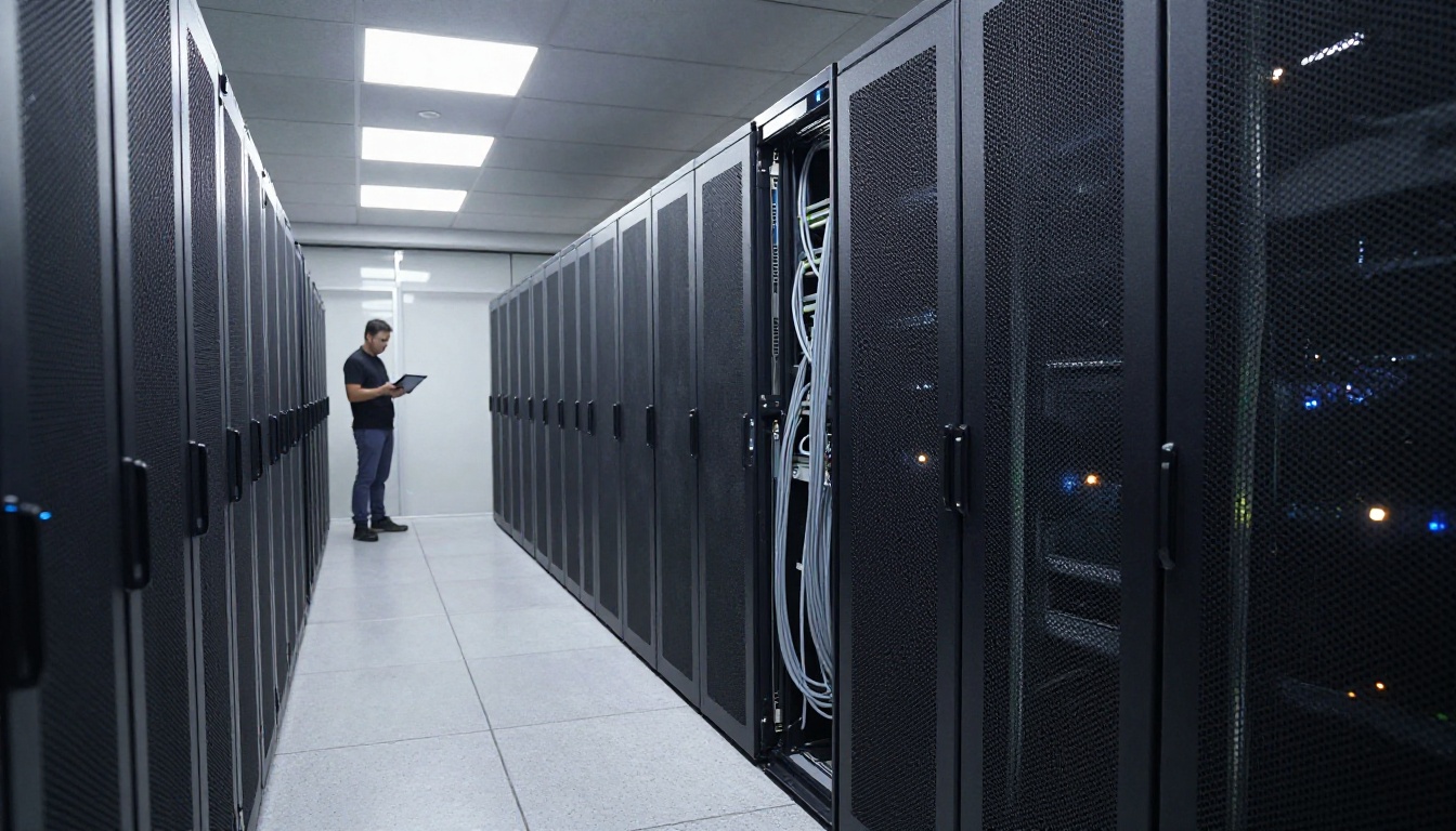 Low-angle view down an aisle of server racks in a data hall