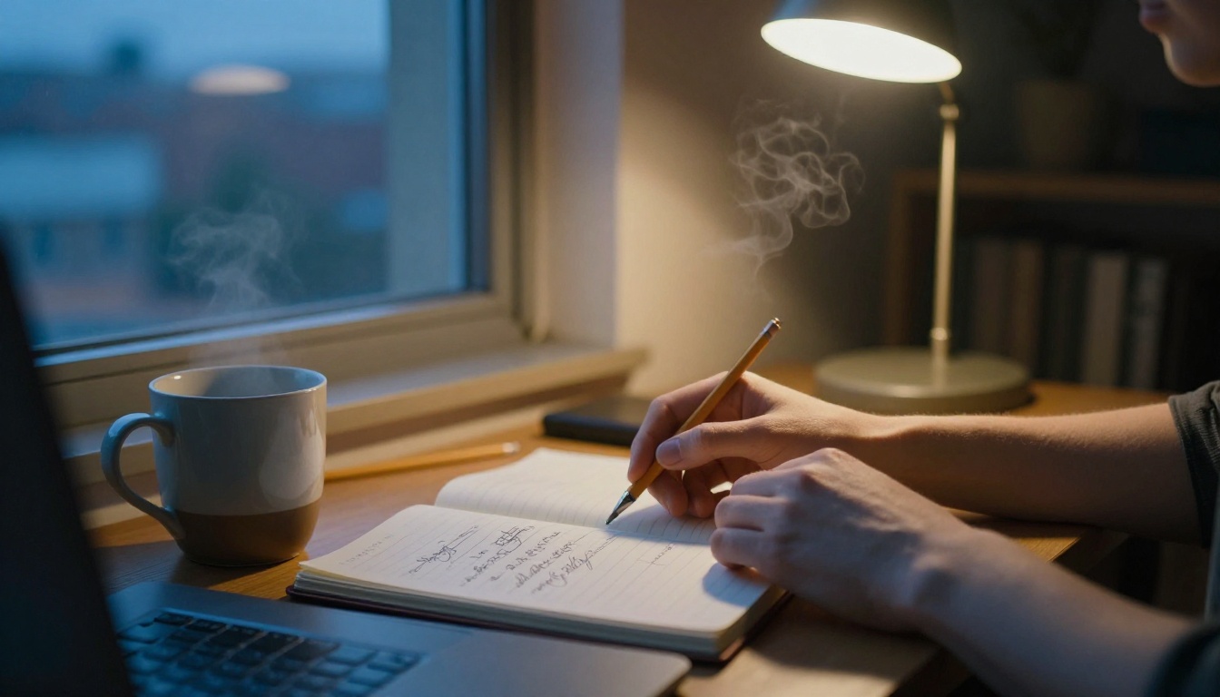 Hands resting on a laptop at a window desk at dusk