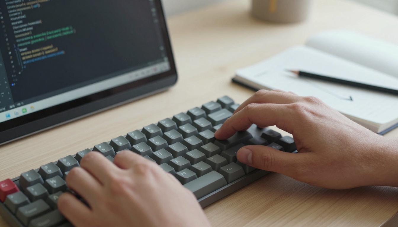 Developer hands typing at a desk with a laptop and a hand-drawn diagram