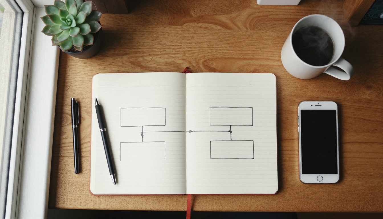 Top-down view of a desk with a notebook diagram of two branching options