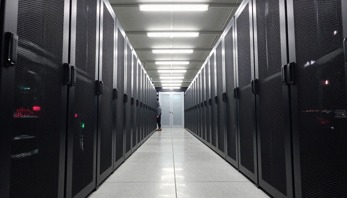 Low-angle view down a data center aisle between server racks