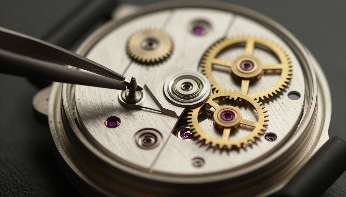 Macro close-up of mechanical watch gears with tweezers