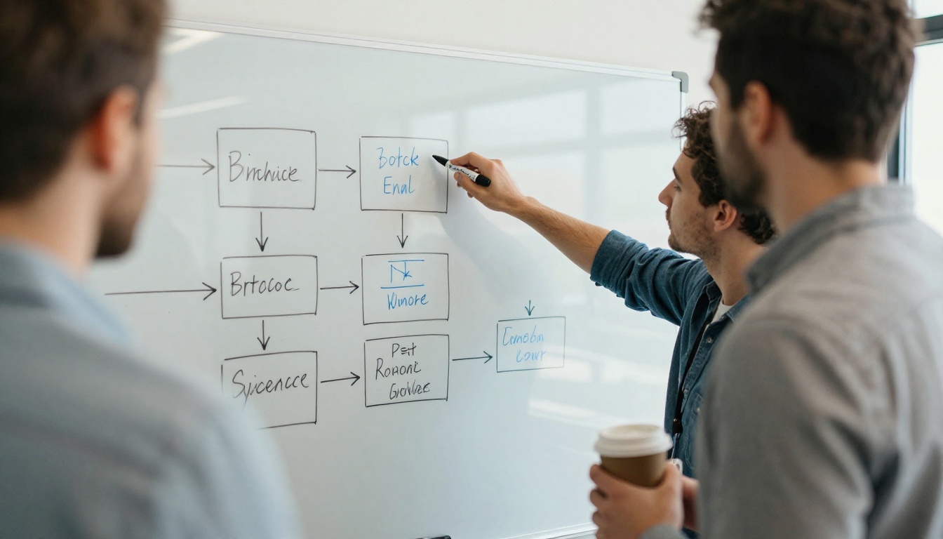 Two developers reviewing a whiteboard of boxes and arrows