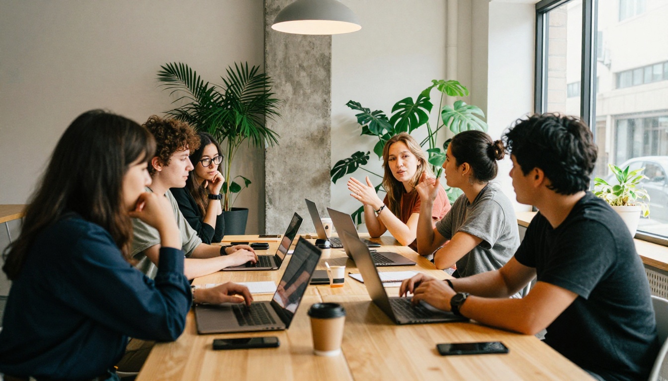 A small startup team discussing a project around a long table