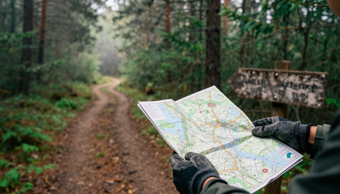 Hiker holding a paper map at a fork in a forest trail
