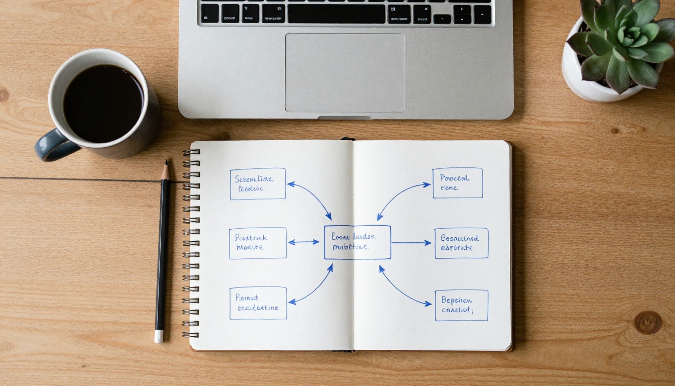 Overhead view of a desk with a hand-drawn diagram of boxes and arrows beside a laptop and coffee