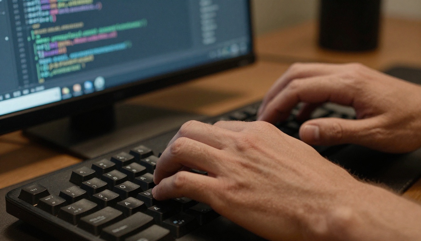 Close-up of a developer's hands typing, with a blurred code editor behind