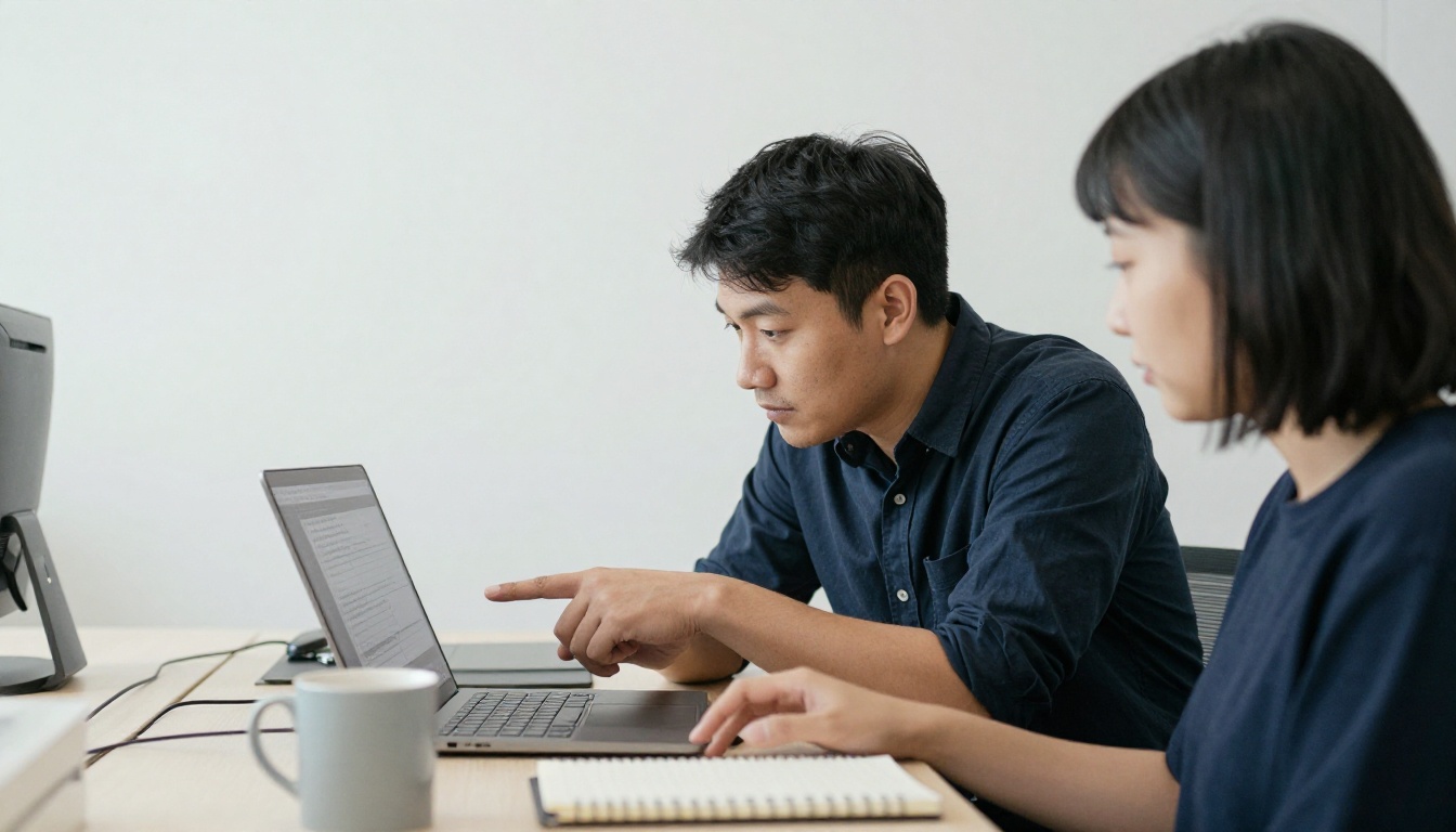 Two developers sitting side by side while one points at a laptop screen