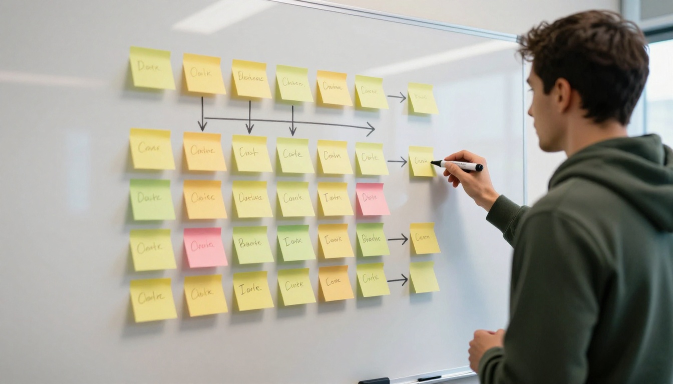 Developer standing beside a whiteboard filled with sticky notes arranged in three columns