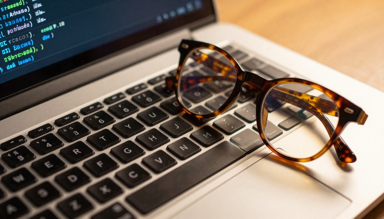 Macro shot of a terminal window on a laptop screen reflected in a pair of glasses