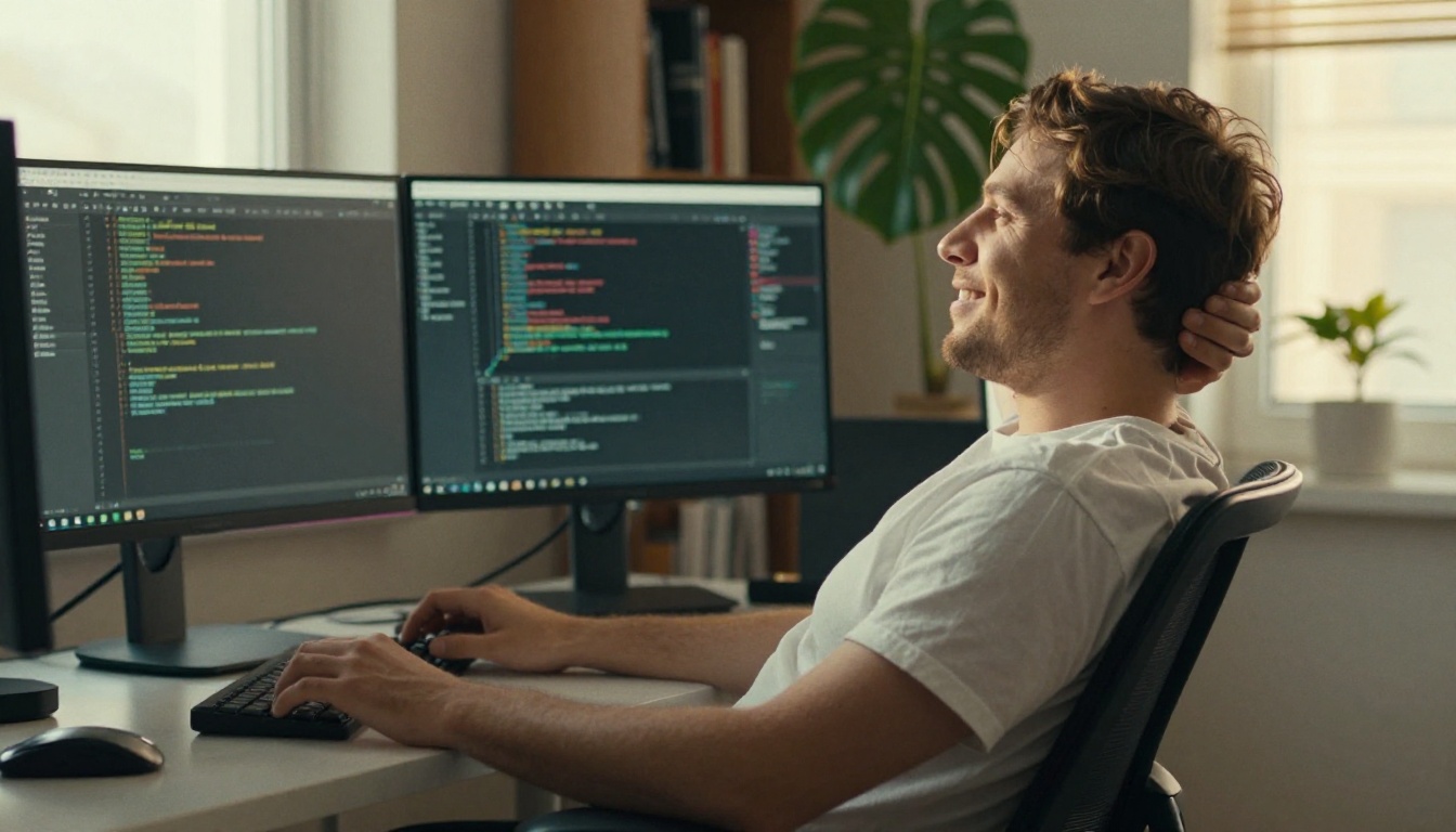Developer leaning back in an office chair smiling at two monitors in late afternoon light