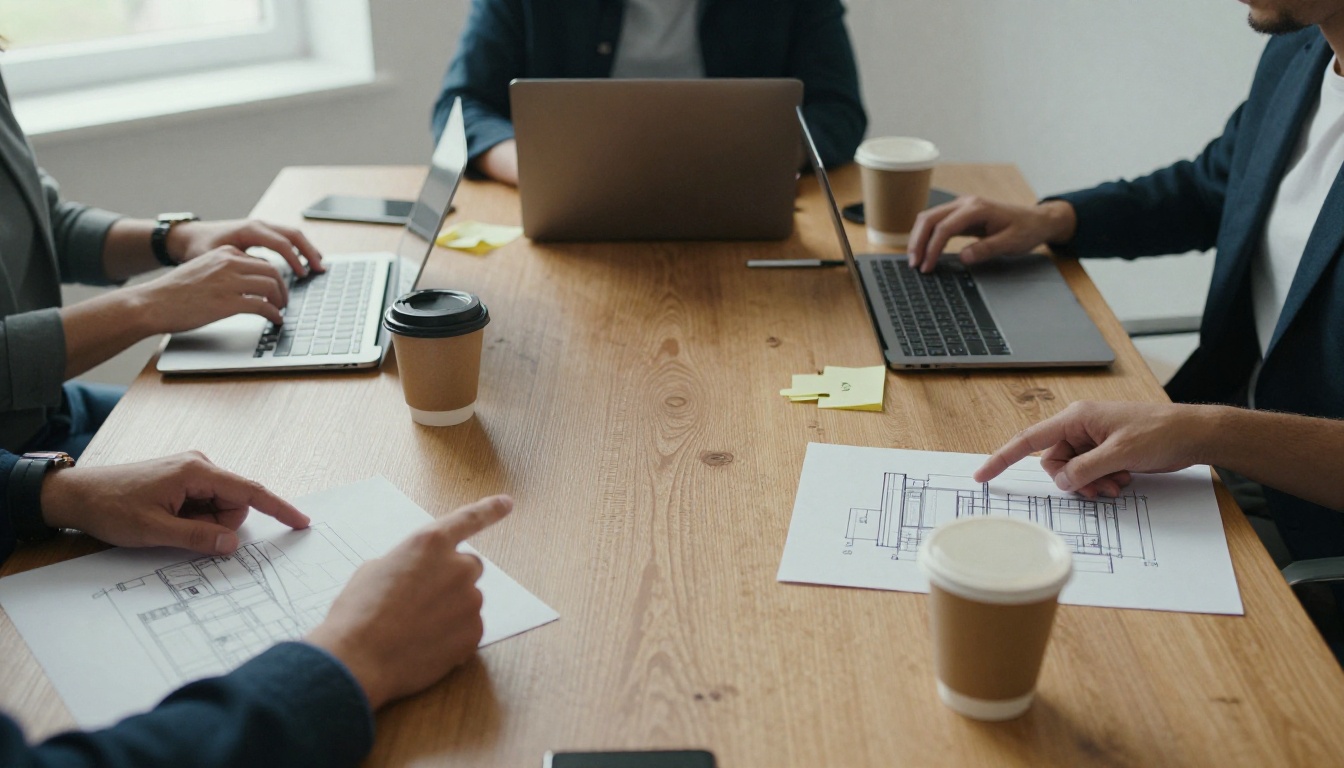 Overhead view of four people pointing at printed diagrams around a long oak table
