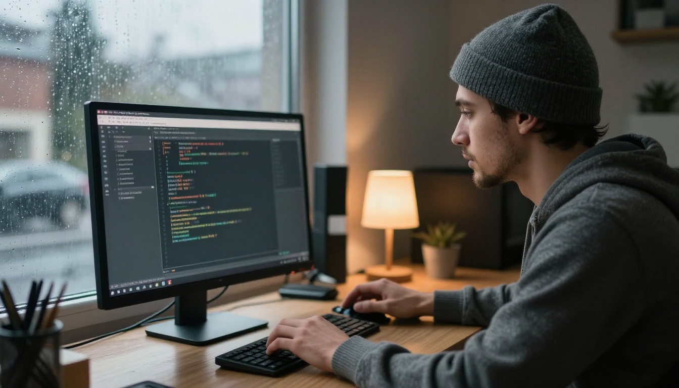 Side profile of a bearded developer in a beanie at a standing desk beside a rainy window