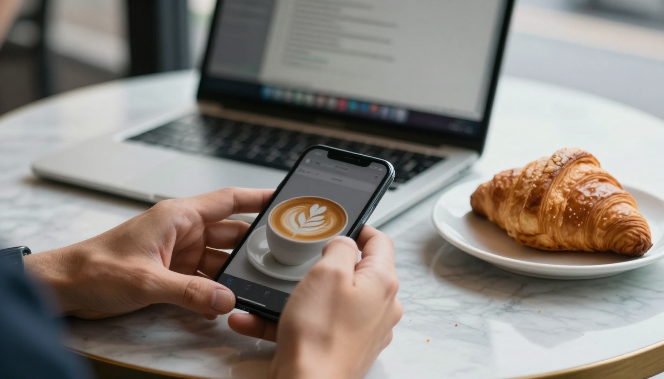 Laptop and flat white coffee on a café table with a smartphone beside them