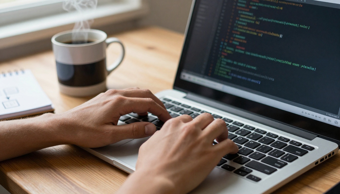 Developer hands typing at a laptop beside a mug of black coffee in morning light