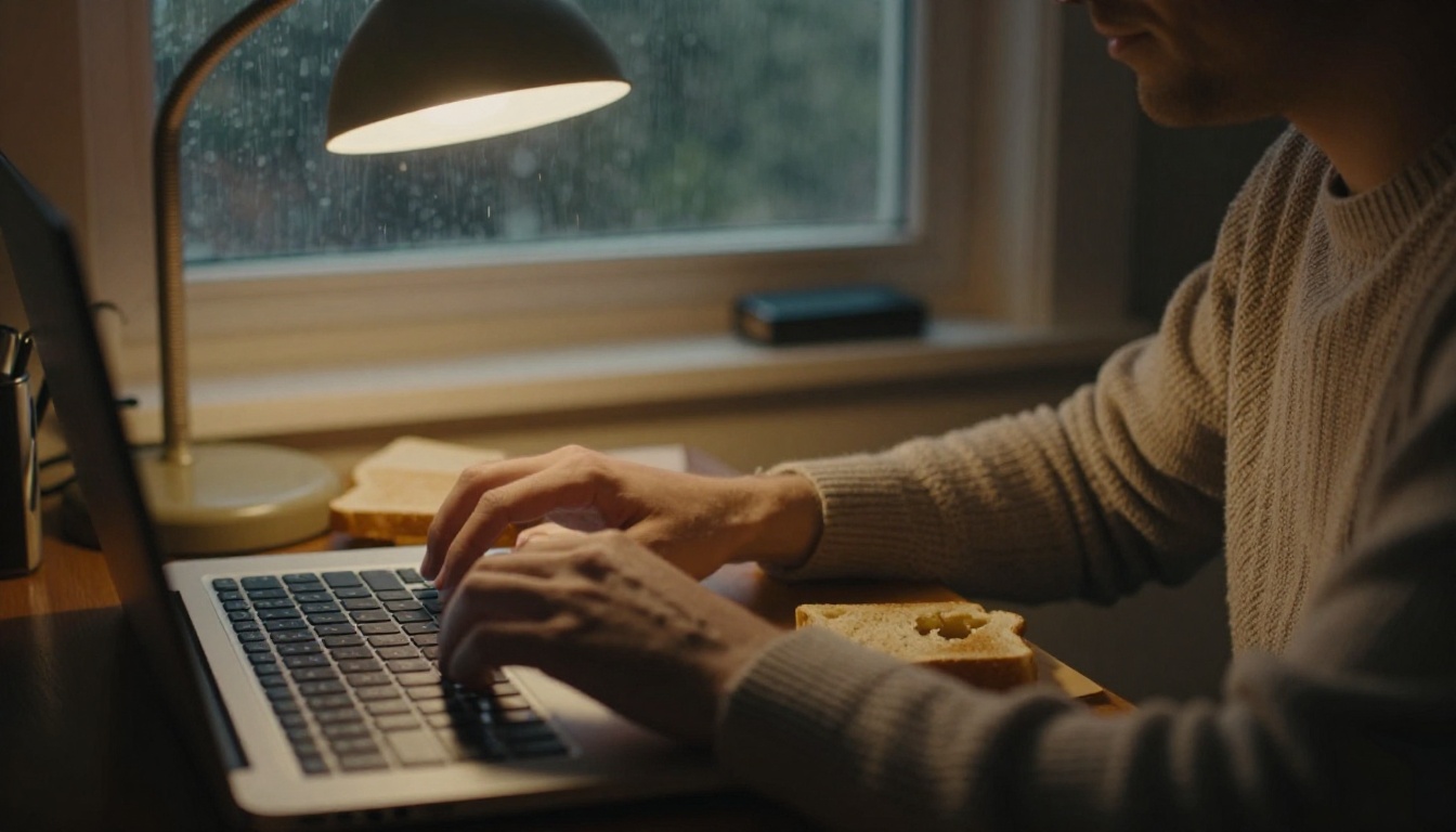 Developer typing on a laptop at a kitchen table on a rainy evening