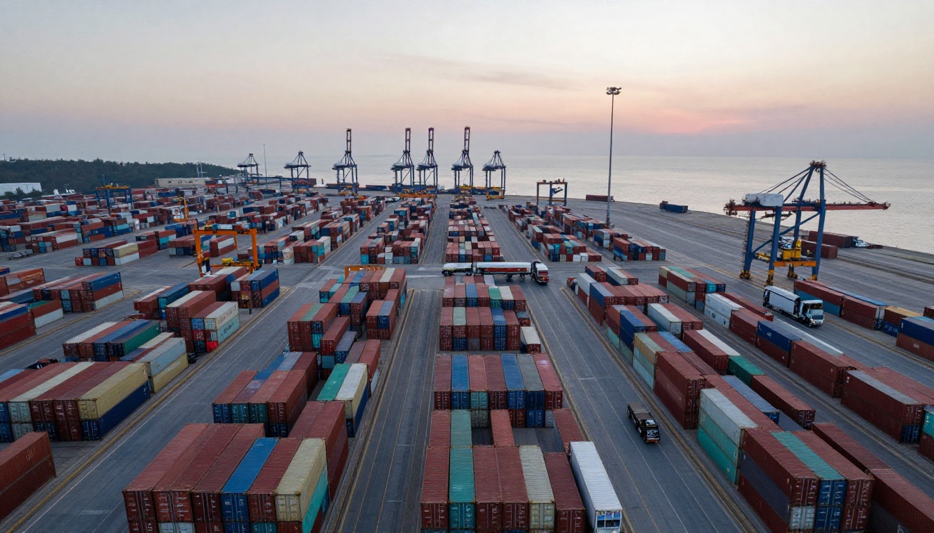 Aerial view of a container port at dawn with gantry cranes and stacked containers