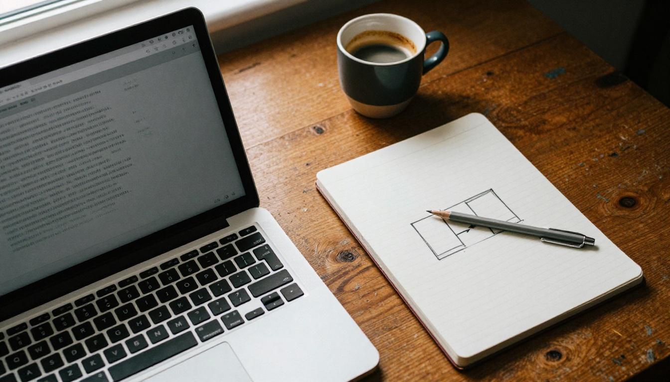 Overhead view of a desk with a laptop terminal, a sketch of two connected boxes and an espresso cup