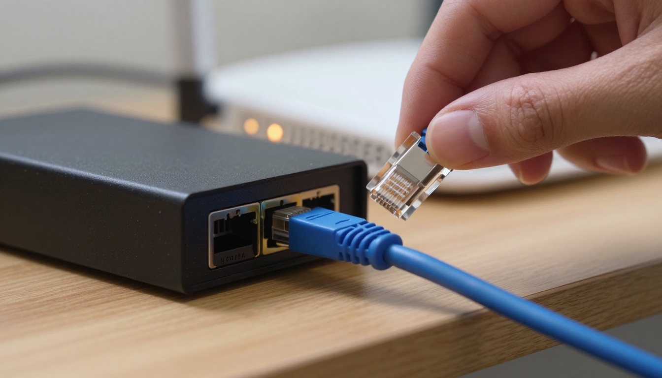 Hand plugging an ethernet cable into a small black mini PC next to a white router
