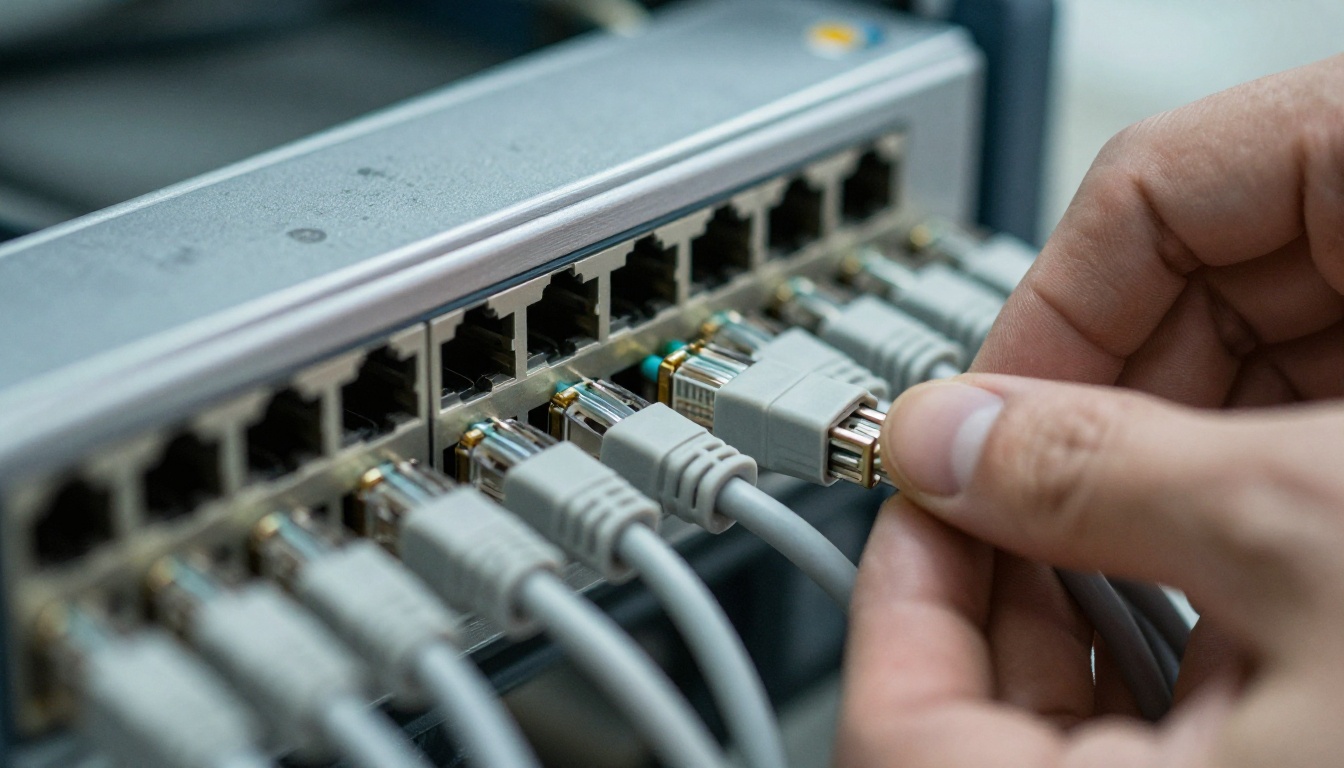 Macro photograph of grey network cables plugged into a server patch panel