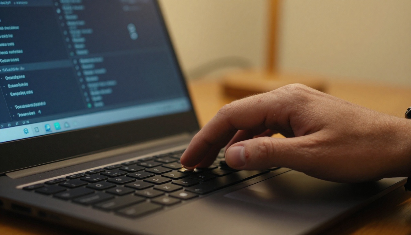 Close-up of hands typing at a laptop with a dark terminal window blurred behind