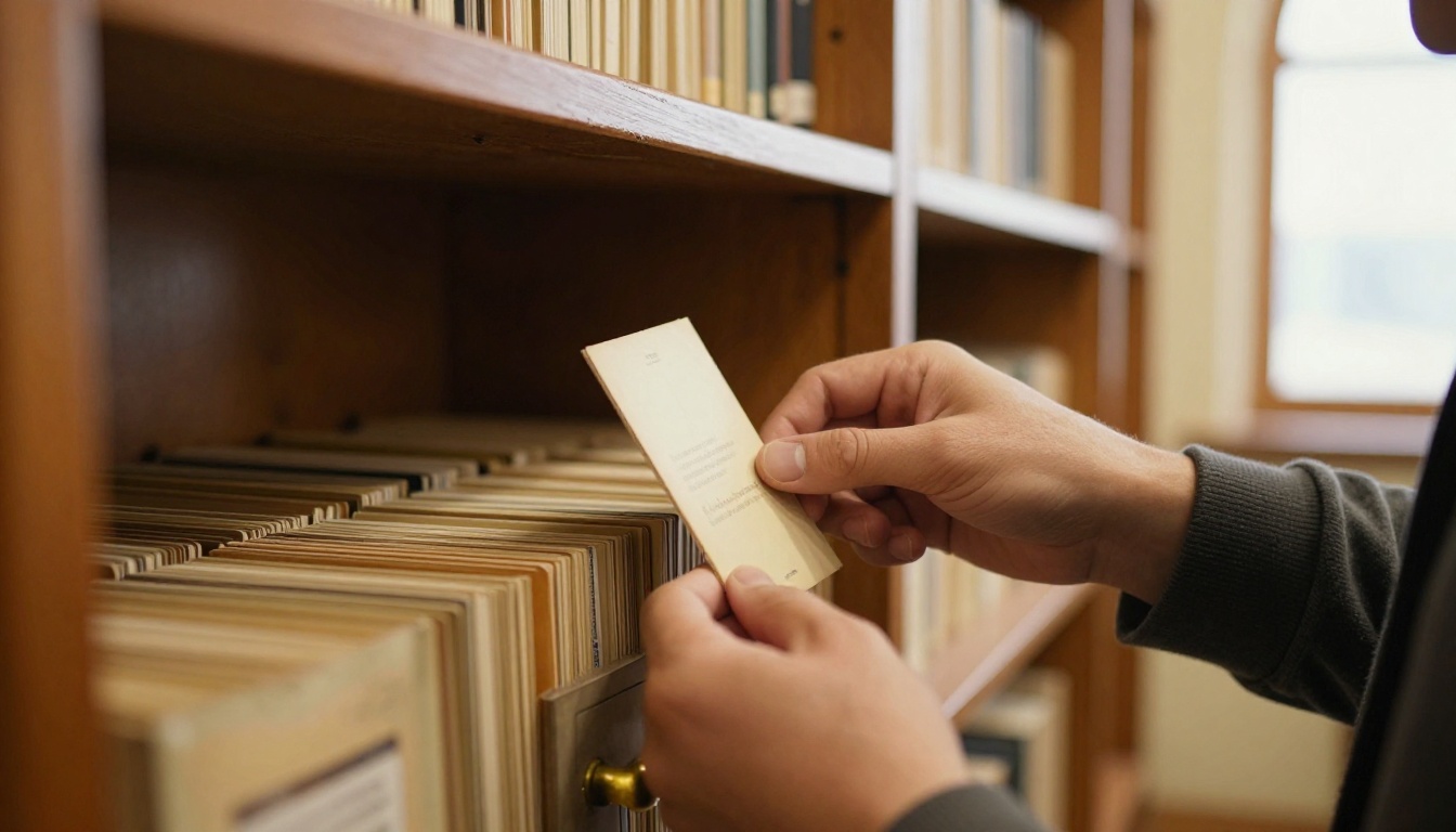 Librarian pulling a single index card from a wooden card catalog drawer