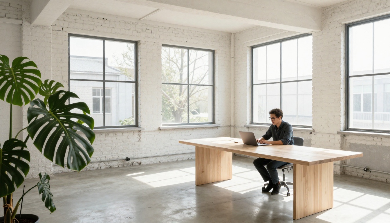 Low-angle view of a developer working in a bright loft with white brick walls
