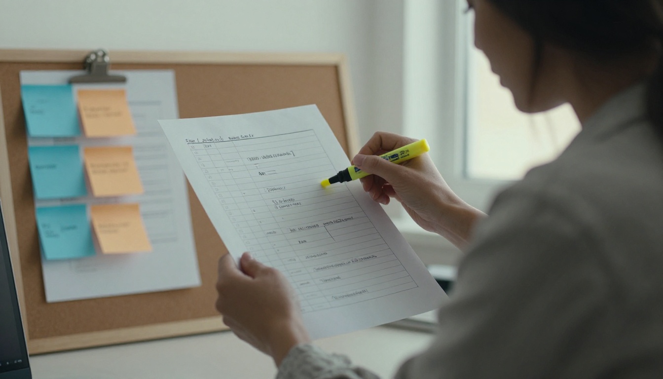 Over-the-shoulder view of a woman highlighting printed configuration lines at a standing desk