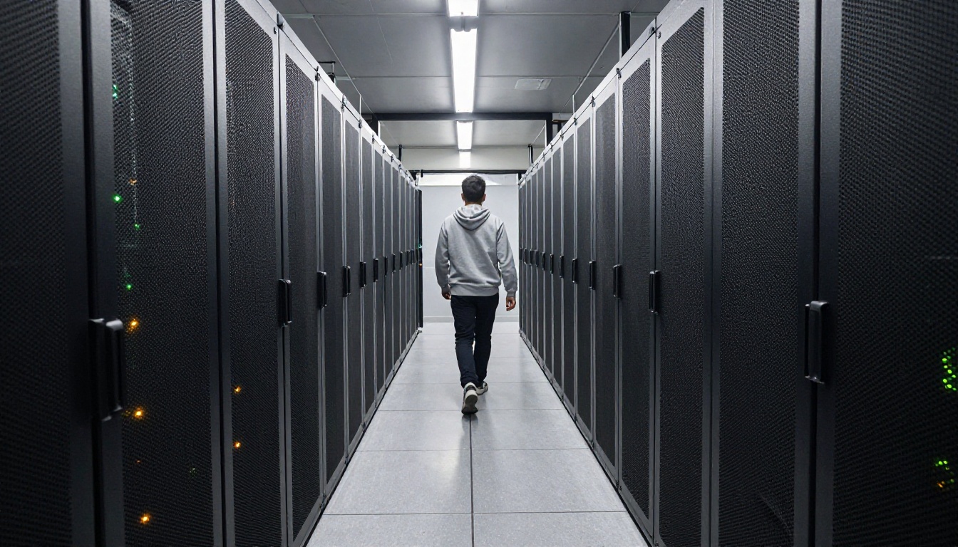 Symmetrical view down an aisle of server racks in a clean data center