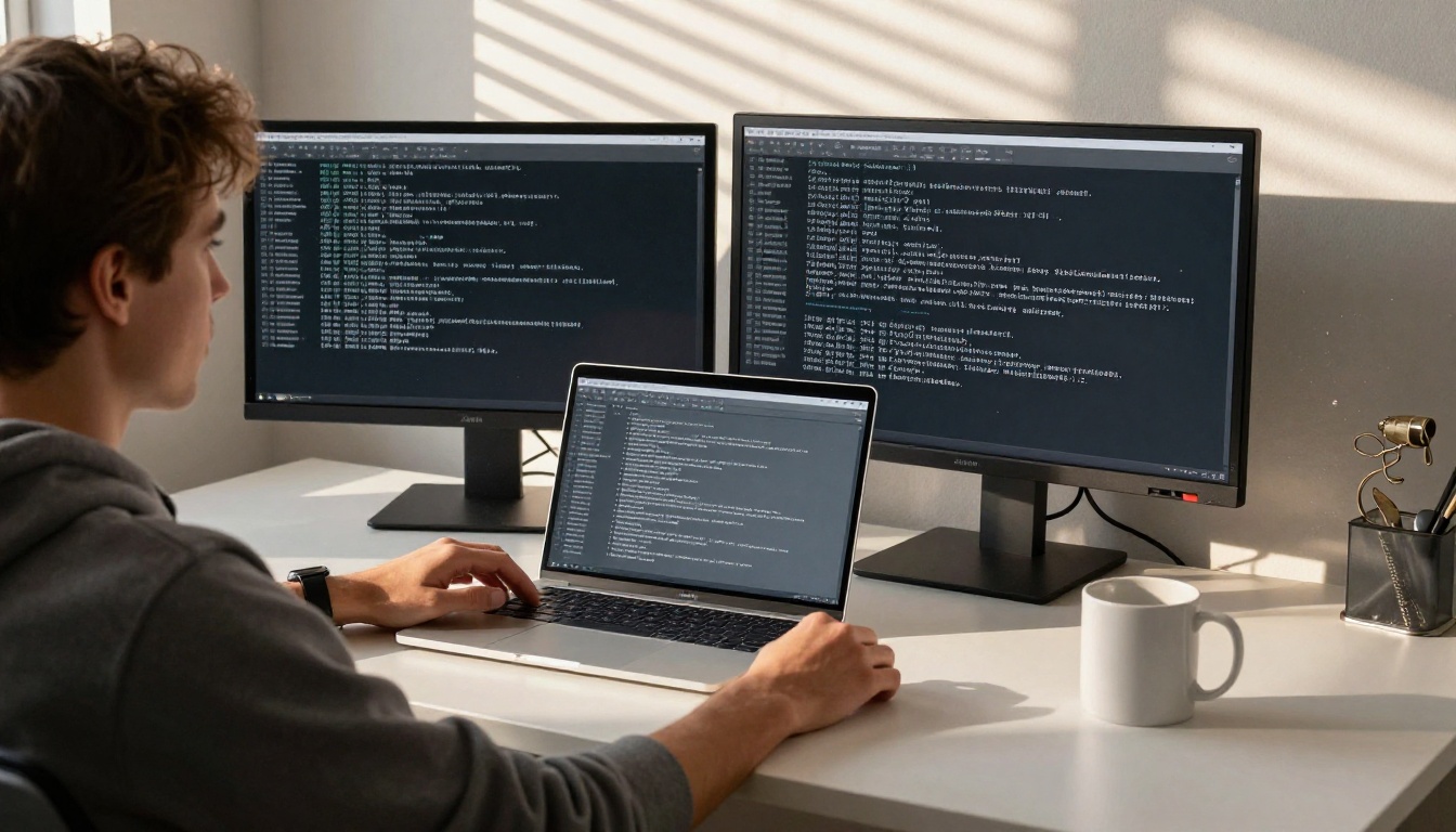 A developer leaning back at a desk, studying two plain terminal windows in late afternoon light