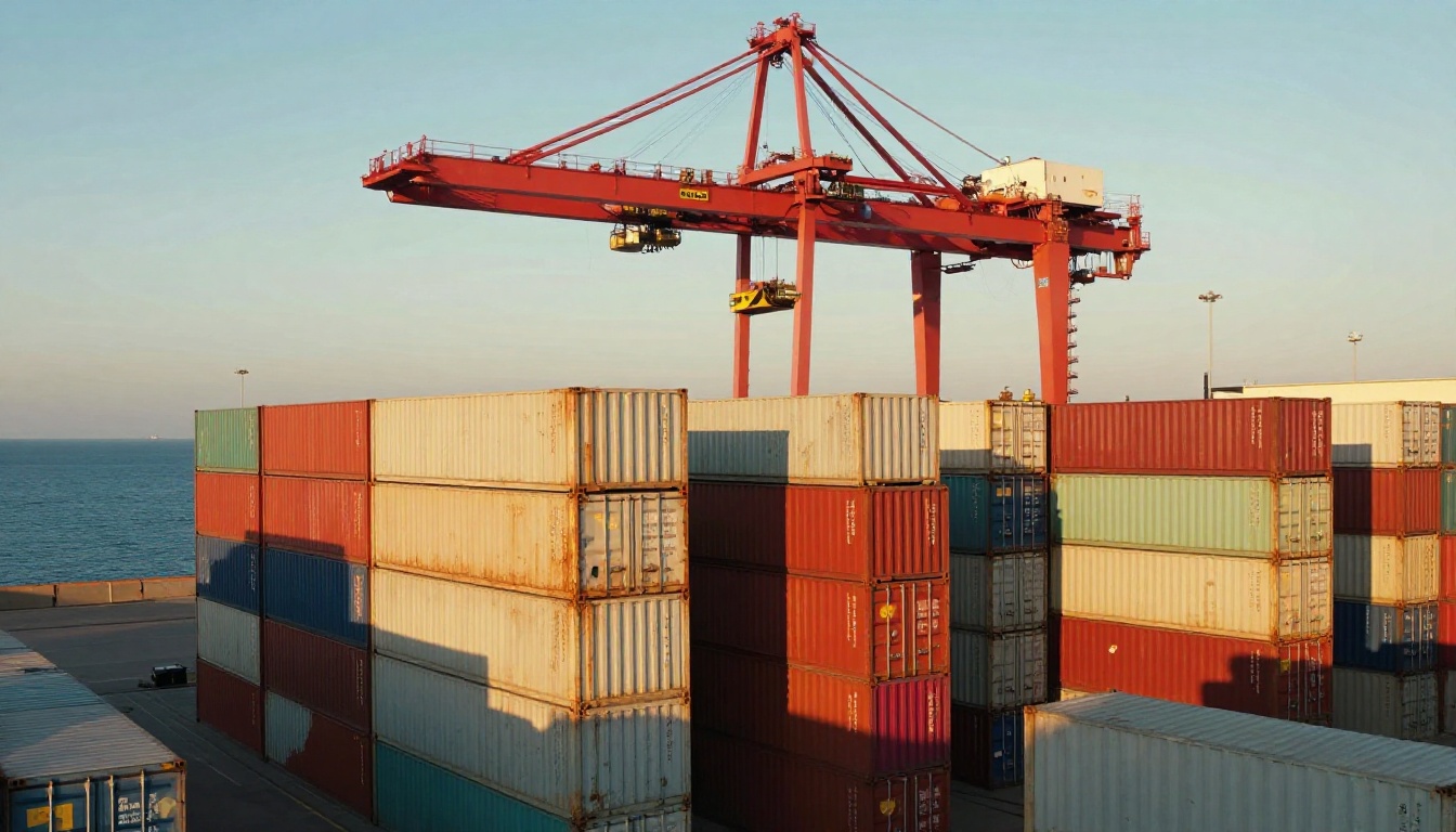 Aerial view of colorful shipping containers stacked at a harbour in golden light