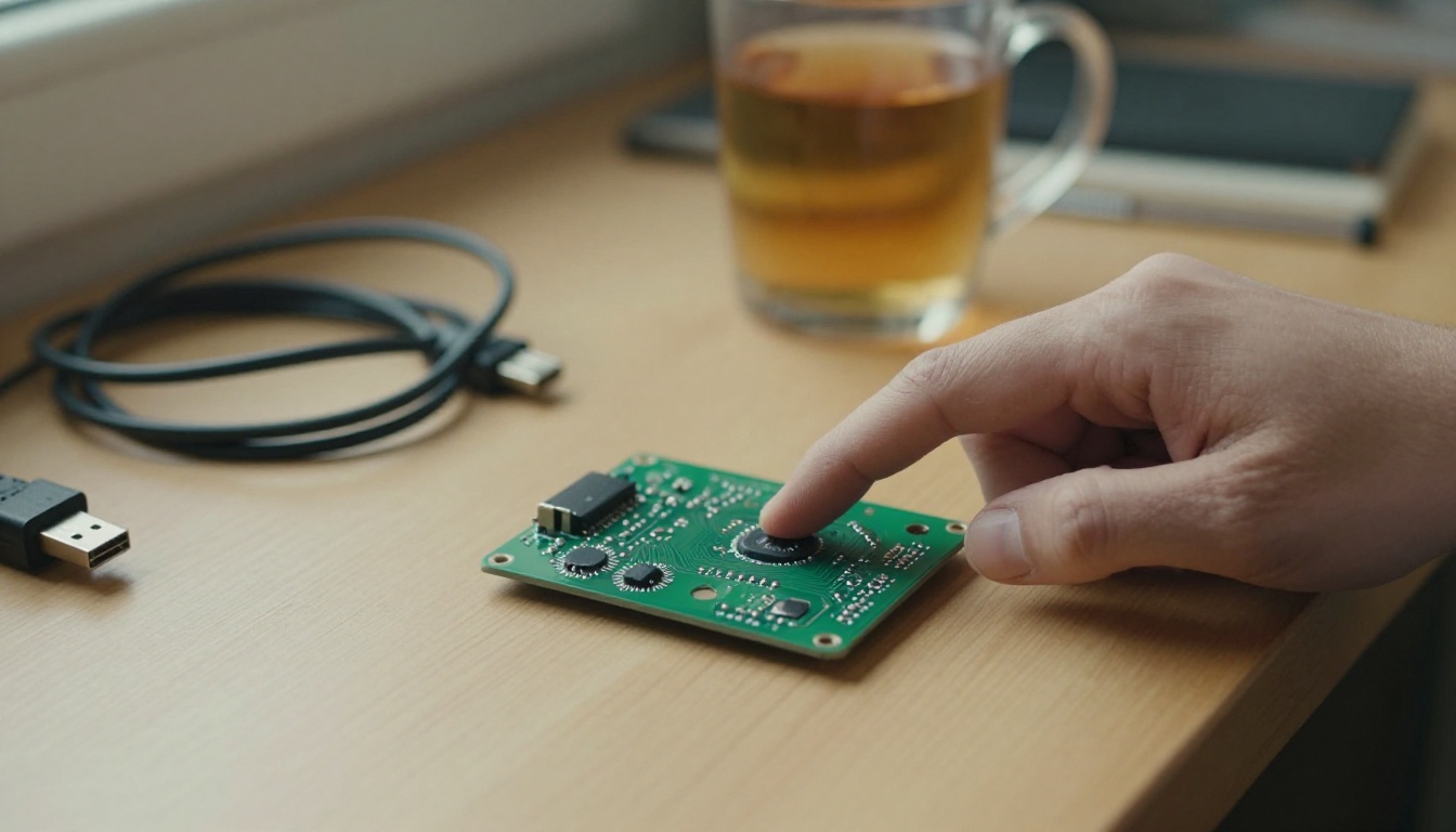 Finger pressing the power button on a small circuit board on a workbench