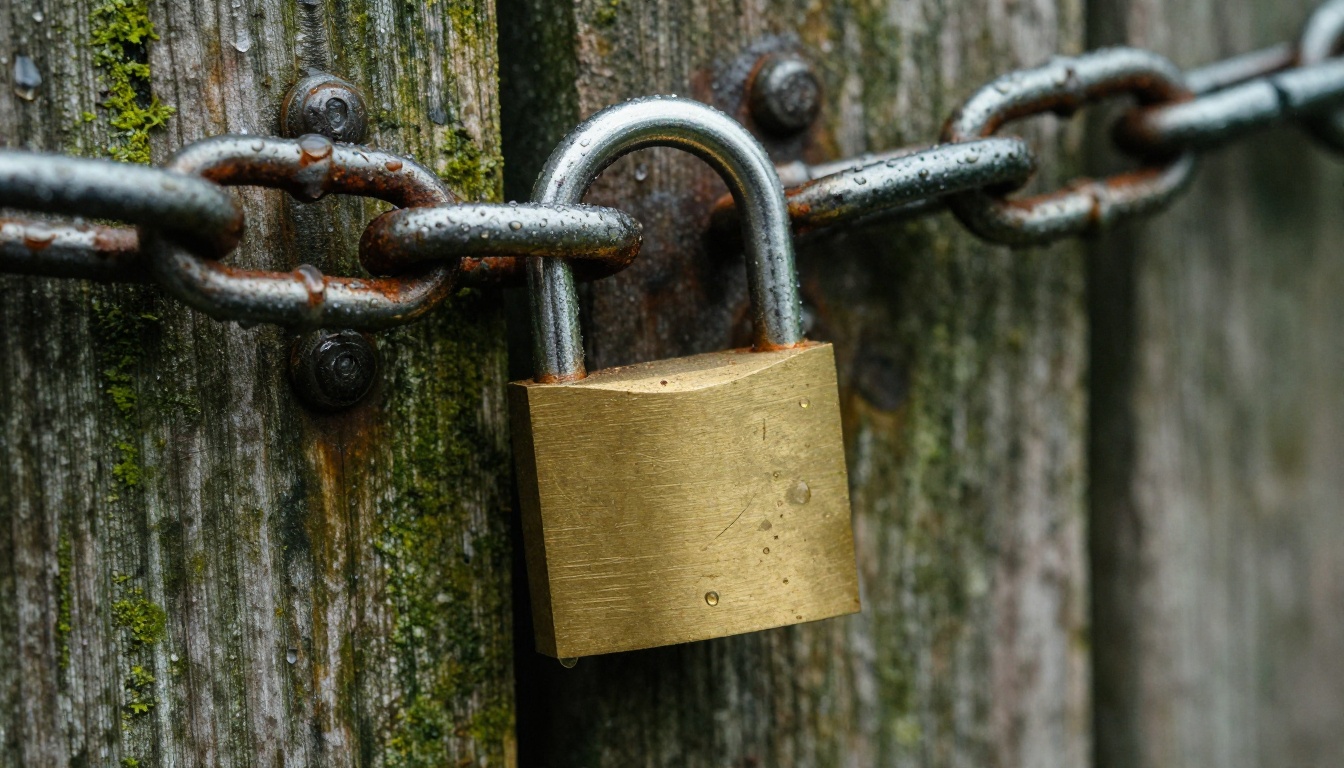Brass padlock on a steel chain with raindrops on a wooden gate